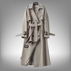 Grey Women's Belted Double-Breasted Trench Coat with Notched Lapel & Twill Finish