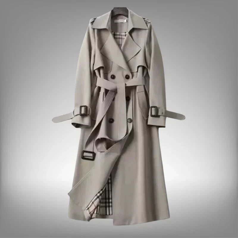 Grey Women's Belted Double-Breasted Trench Coat with Notched Lapel & Twill Finish