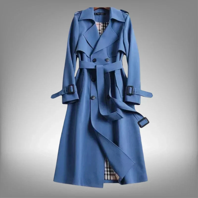 Blue Women's Belted Double-Breasted Trench Coat with Notched Lapel & Twill Finish