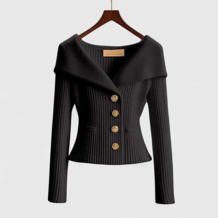Black Women's Off-Shoulder Knit Cardigan with Button Front & Ribbed Fit