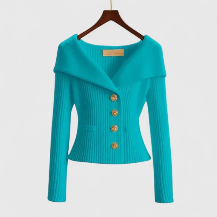 Blue Women's Off-Shoulder Knit Cardigan with Button Front & Ribbed Fit