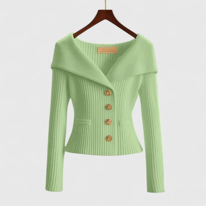 Green Women's Off-Shoulder Knit Cardigan with Button Front & Ribbed Fit