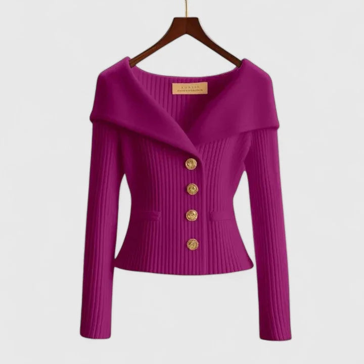 Lilac Women's Off-Shoulder Knit Cardigan with Button Front & Ribbed Fit - Front Button Detail