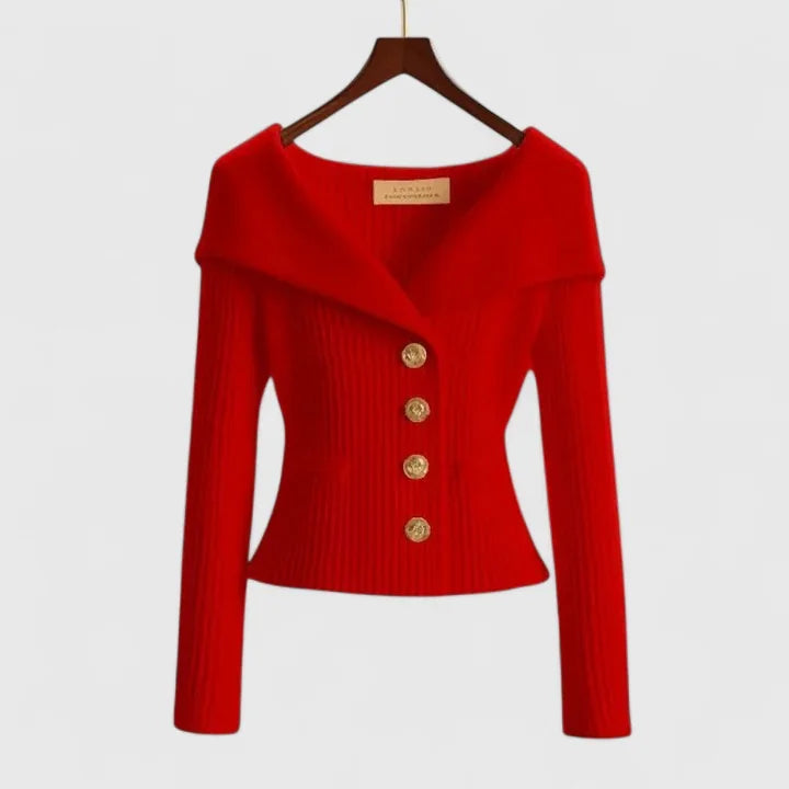 Red Women's Off-Shoulder Knit Cardigan with Button Front & Ribbed Fit