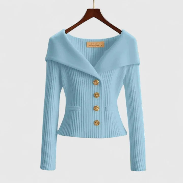 Sky Blue Women's Off-Shoulder Knit Cardigan with Button Front & Ribbed Fit - Pale Front