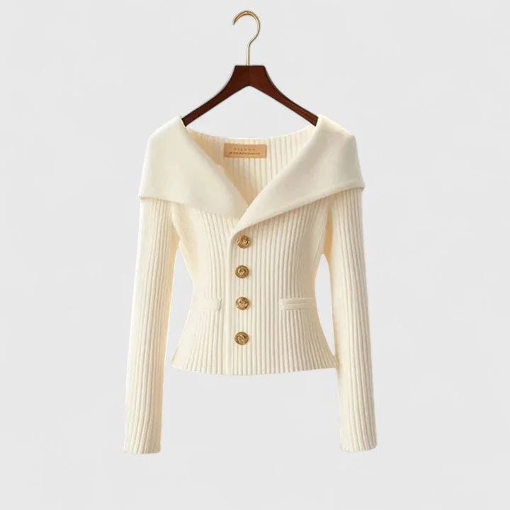 White Women's Off-Shoulder Knit Cardigan with Button Front & Ribbed Fit - Ivory Front