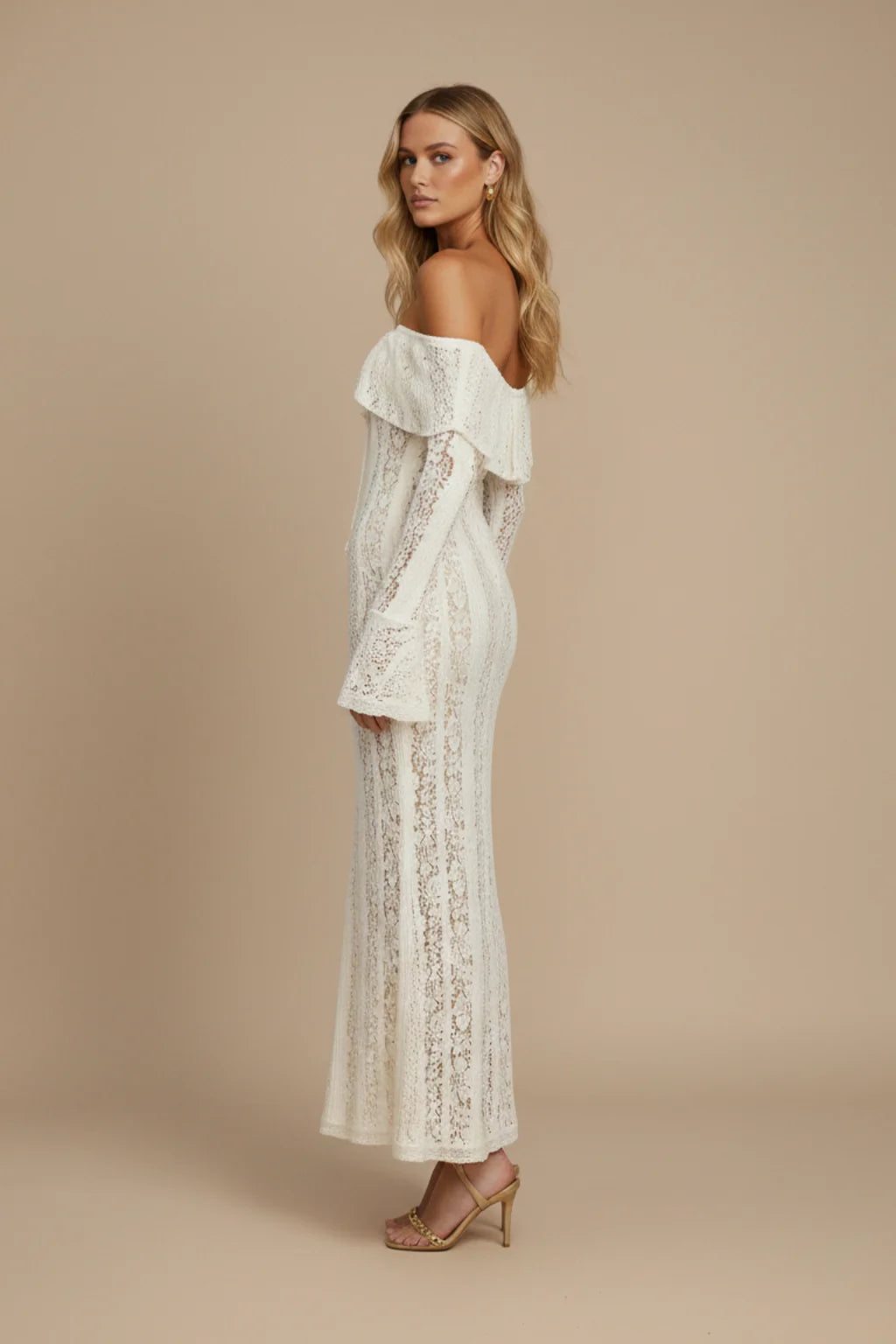 Cream Women's Off Shoulder Lace Maxi Dress with Flared Sleeves & Fitted Silhouette - Side Pose