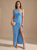 Blue Women's One Shoulder Maxi Dress with Sequin Finish & High Side Slit
