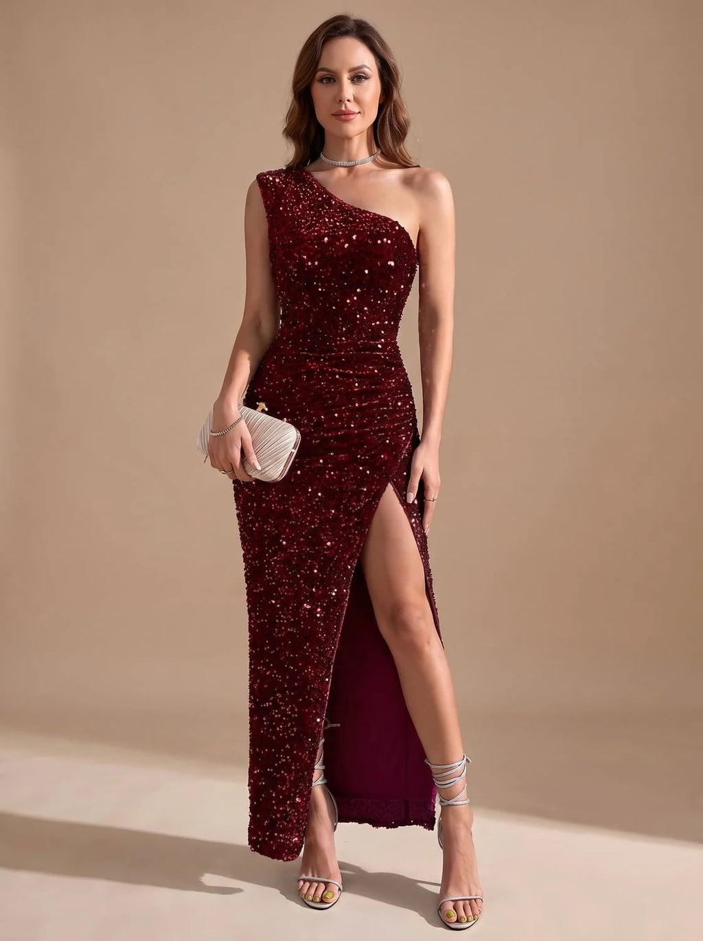 Red Women's One Shoulder Maxi Dress with Sequin Finish & High Side Slit — Florence