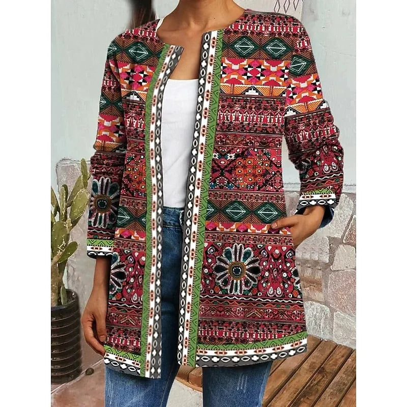 Green Women's Open Front Jacket with Long Sleeves & Relaxed Fit