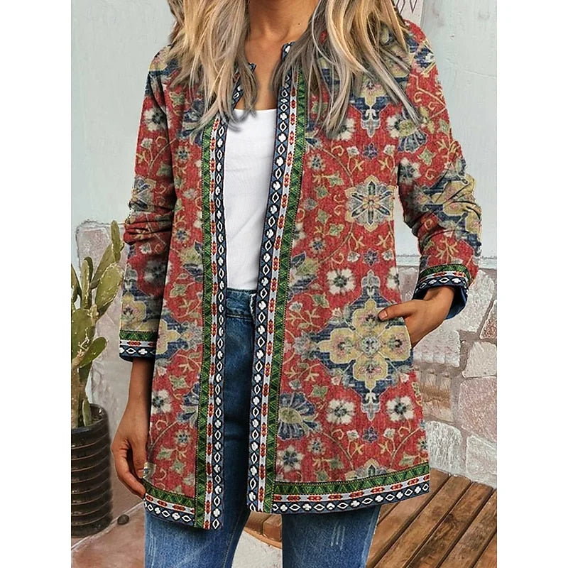 Red Women's Open Front Jacket with Long Sleeves & Relaxed Fit