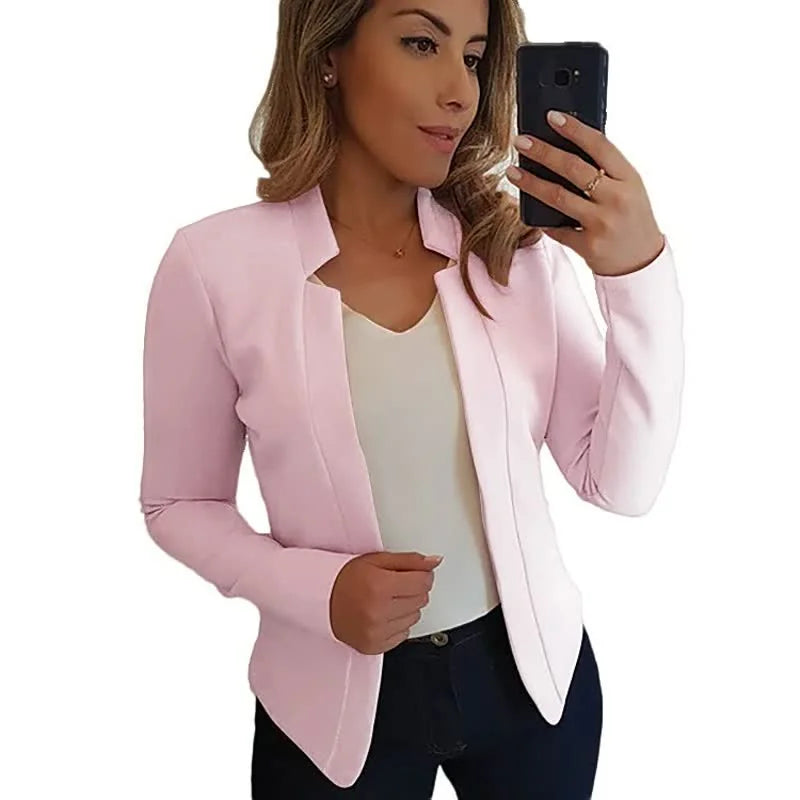 Light Pink Women's Open-Front Blazer with Notched Collar & Long Sleeves - Studio White