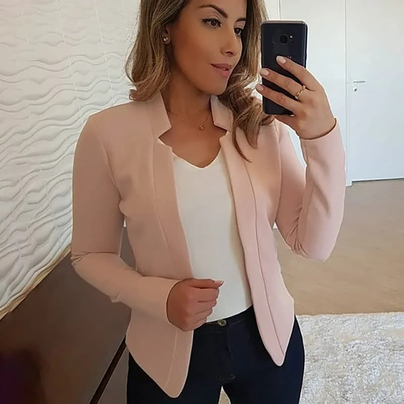 Pink Women's Open-Front Blazer with Notched Collar & Long Sleeves — Emma - Front Detail