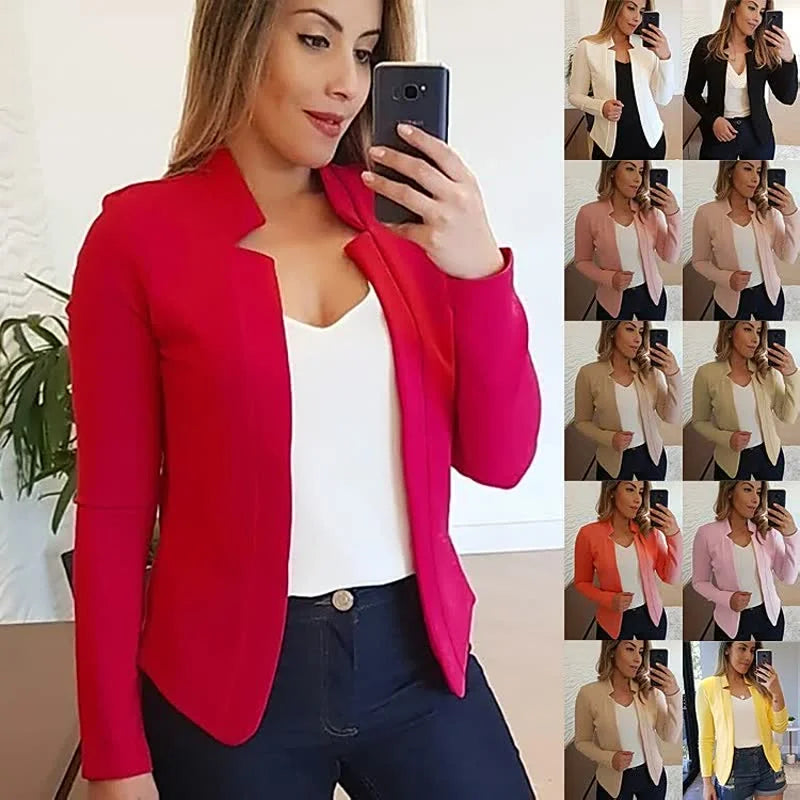 Red Women's Open-Front Blazer with Notched Collar & Long Sleeves — Emma - Collage Grid