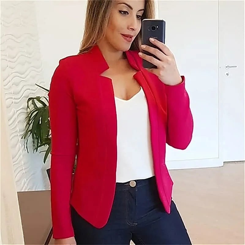 Women's Open-Front Blazer with Notched Collar & Long Sleeves - Front Mirror