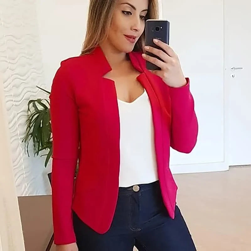 Red Women's Open-Front Blazer with Notched Collar & Long Sleeves