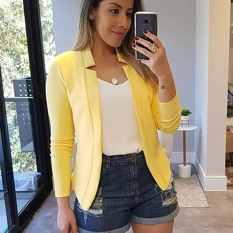 Yellow Women's Open-Front Blazer with Notched Collar & Long Sleeves