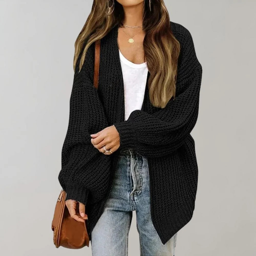 Black Women's Open Front Cardigan with Drop Shoulder & Long Sleeves