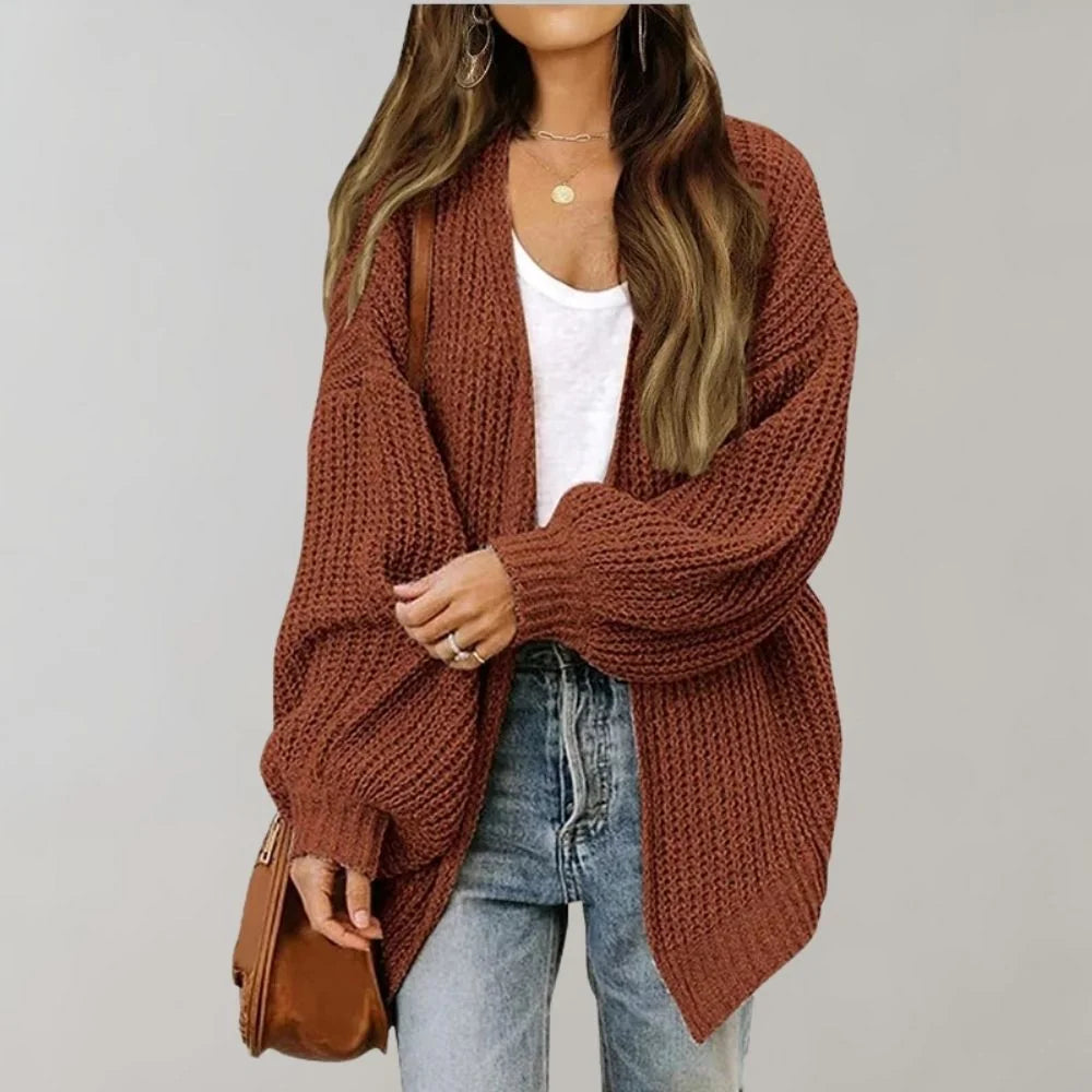 Brown Women's Open Front Cardigan with Drop Shoulder & Long Sleeves
