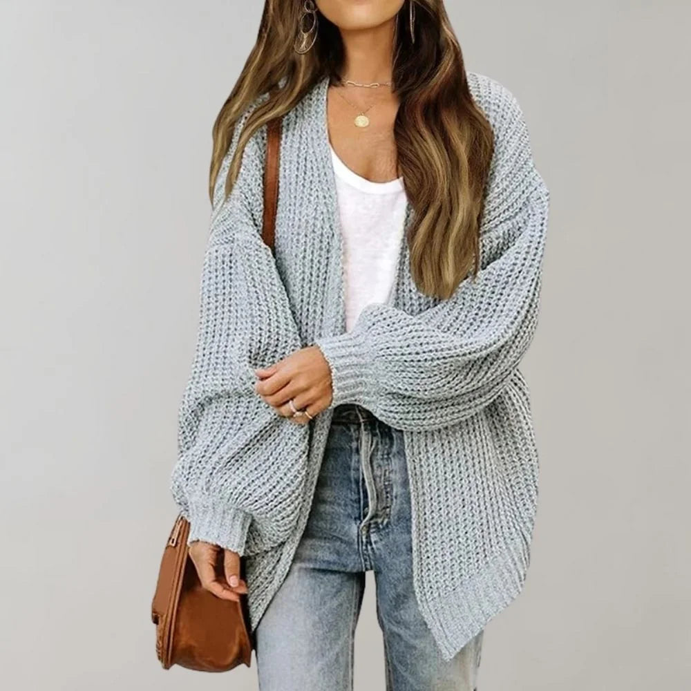 Grey Women's Open Front Cardigan with Drop Shoulder & Long Sleeves