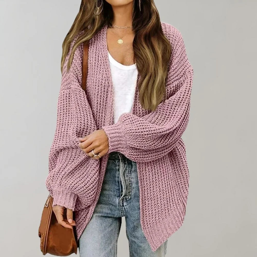 Pink Women's Open Front Cardigan with Drop Shoulder & Long Sleeves