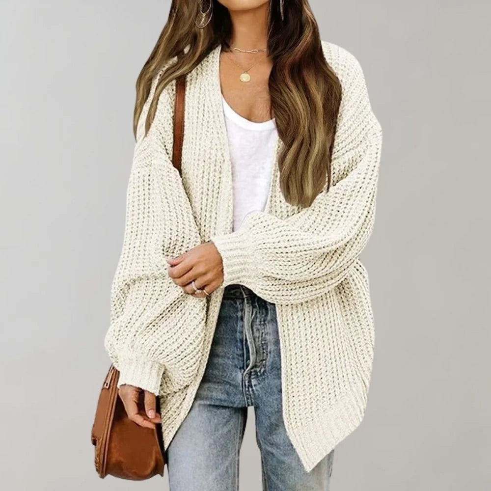 White Women's Open Front Cardigan with Drop Shoulder & Long Sleeves