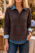 Brown Women's Patchwork Knit Blouse with Denim Collar & Button-Front