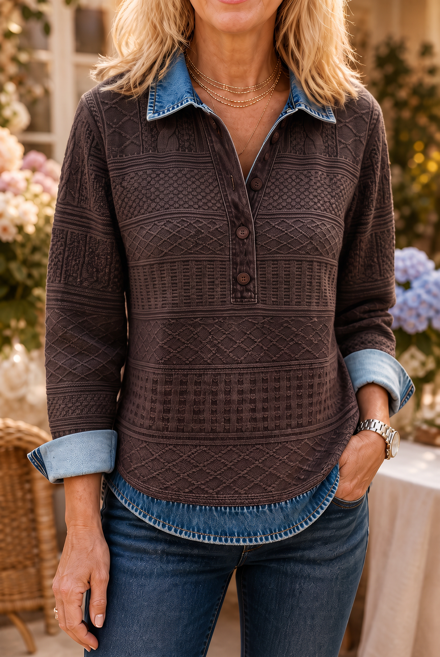 Brown Women's Patchwork Knit Blouse with Denim Collar & Button-Front