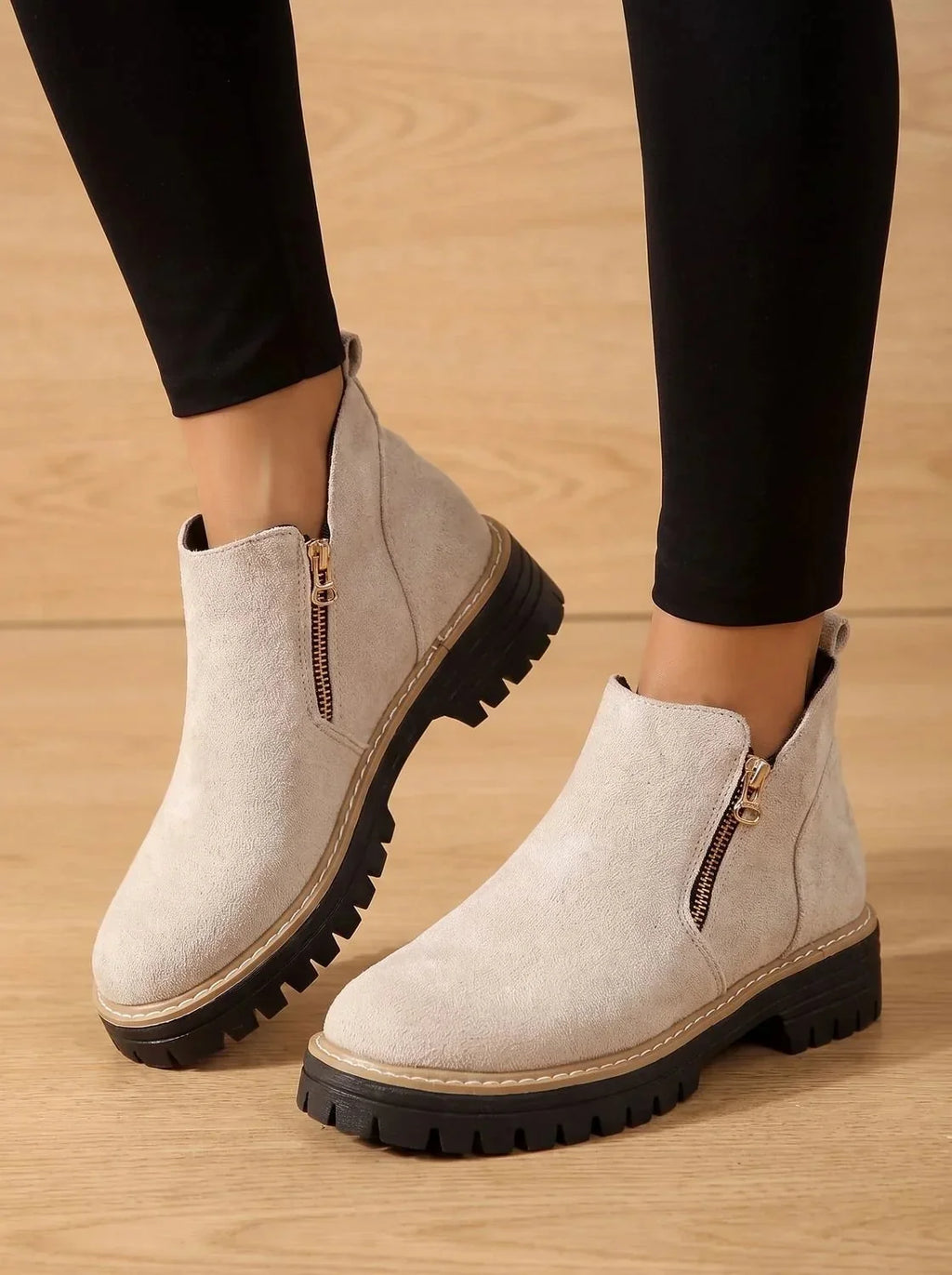 Beige Women's Orthopedic Ankle Boots with Cushioned Insole & Side Zipper - Front Walking Pose