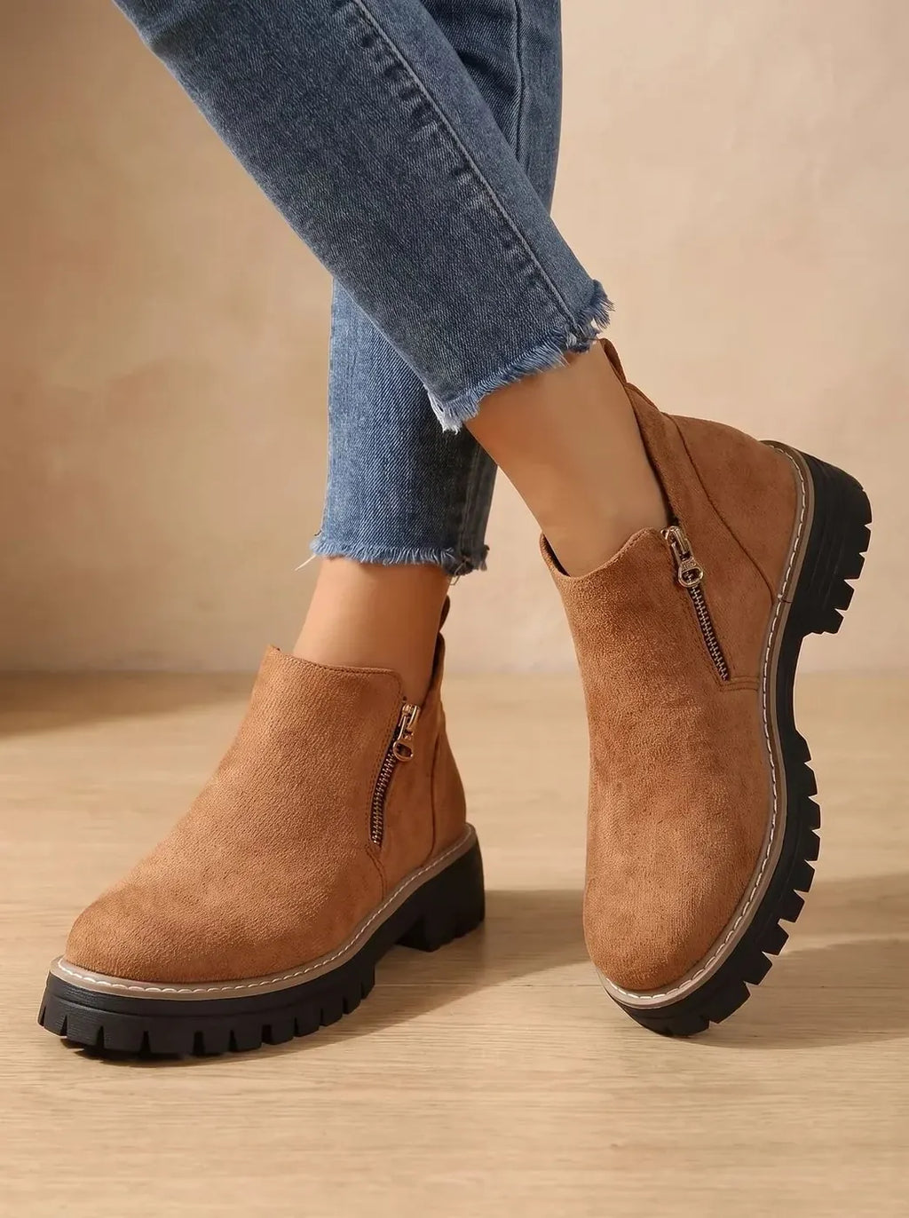 Brown Women's Orthopedic Ankle Boots with Cushioned Insole & Side Zipper - Side Stepping View