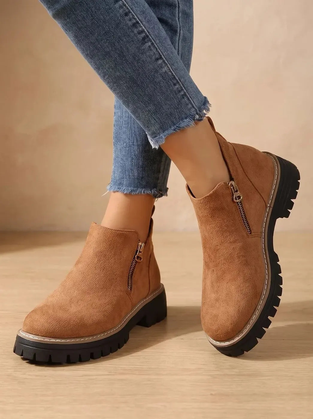 Brown Women's Orthopedic Ankle Boots with Cushioned Insole & Side Zipper - Side Stepping View