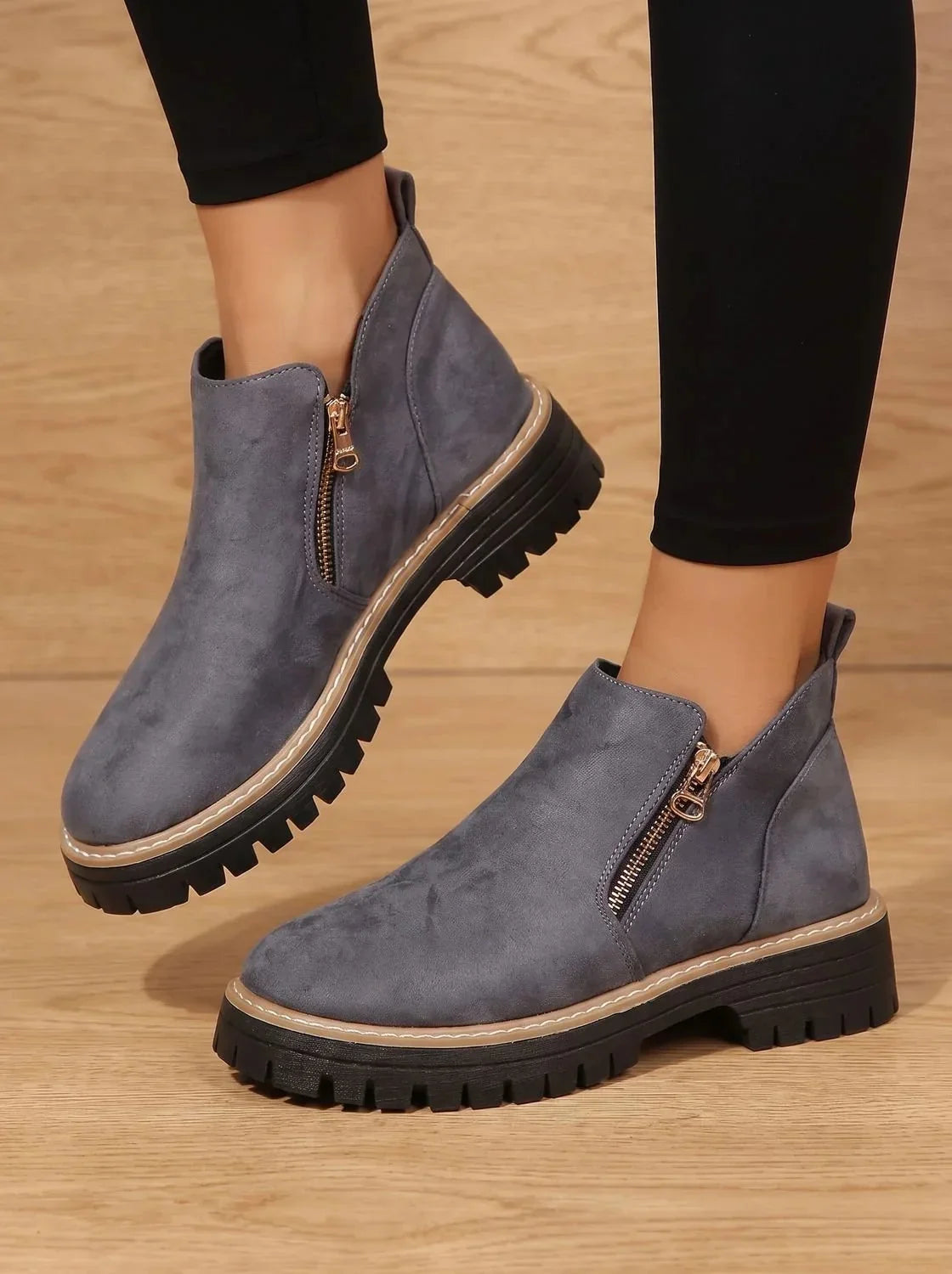 Gray Women's Orthopedic Ankle Boots with Cushioned Insole & Side Zipper - Standing Front View