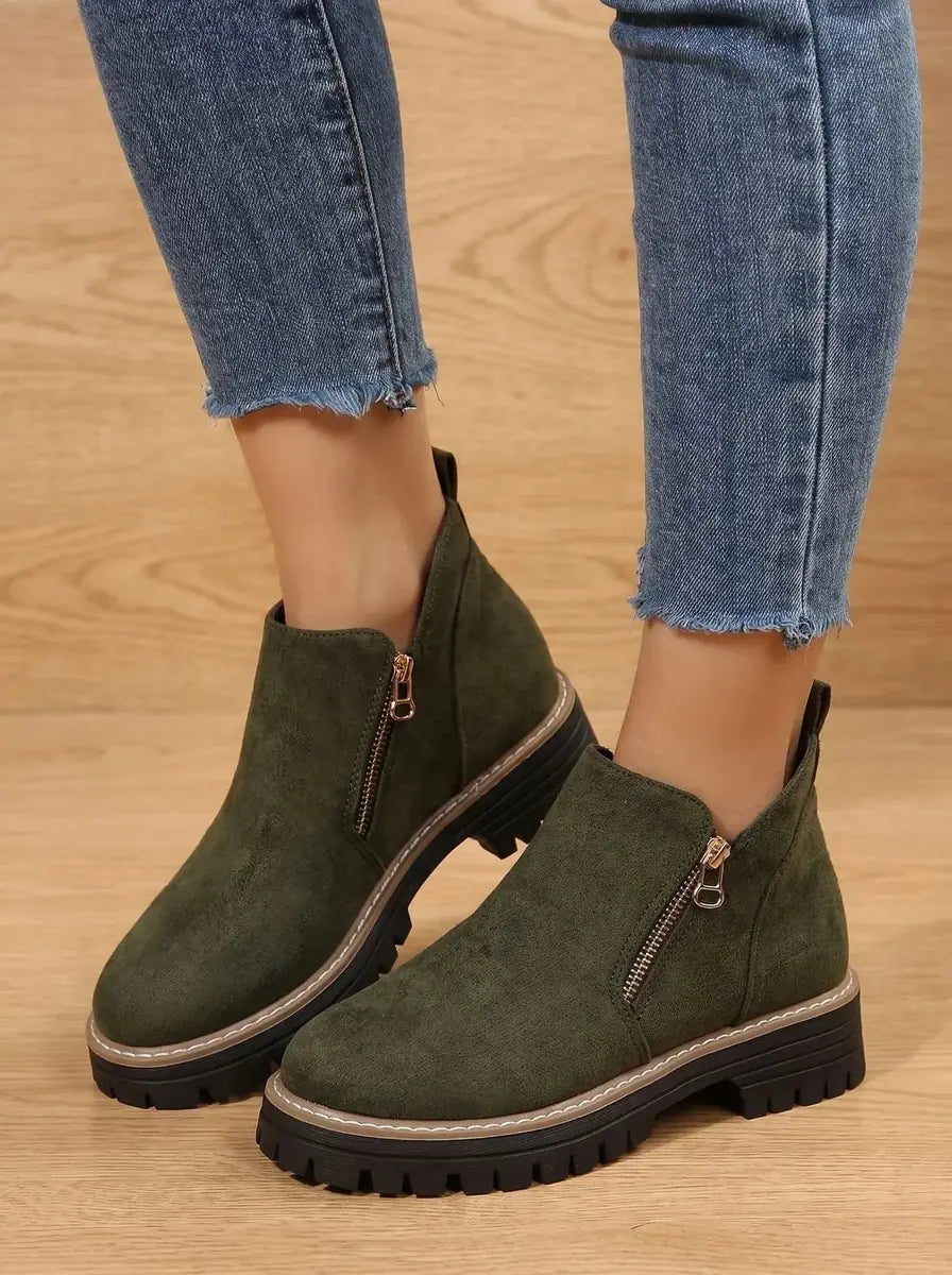 Green Women's Orthopedic Ankle Boots with Cushioned Insole & Side Zipper - Crossed Ankle Pose