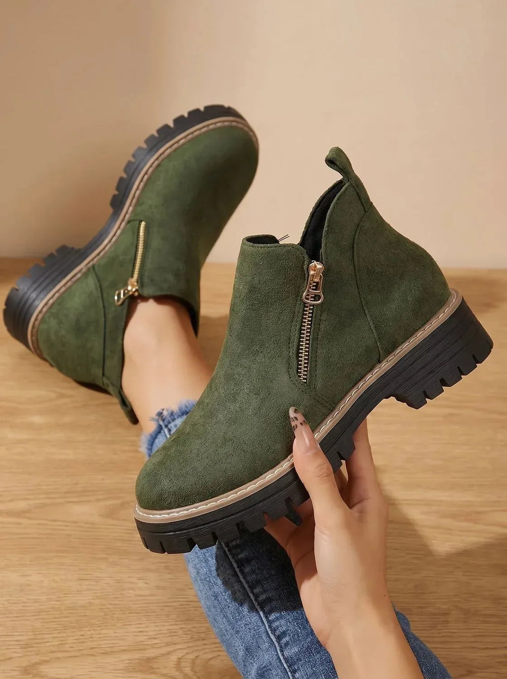 Green Women's Orthopedic Ankle Boots with Cushioned Insole & Side Zipper - Hand Held Sole View