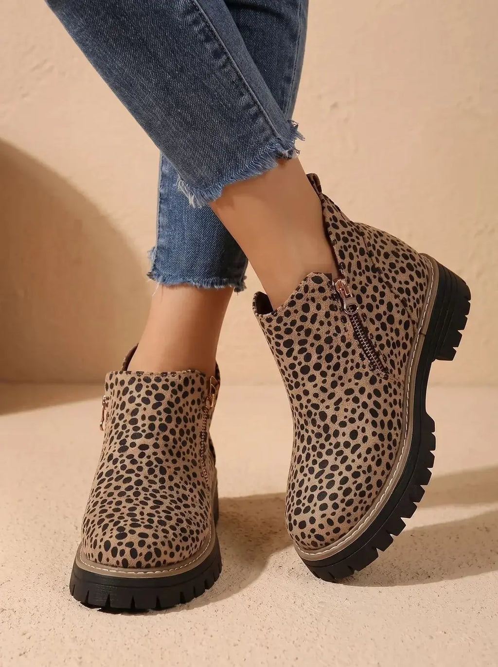 Women's Orthopedic Ankle Boots with Cushioned Insole & Side Zipper - Print Side Crossed Pose