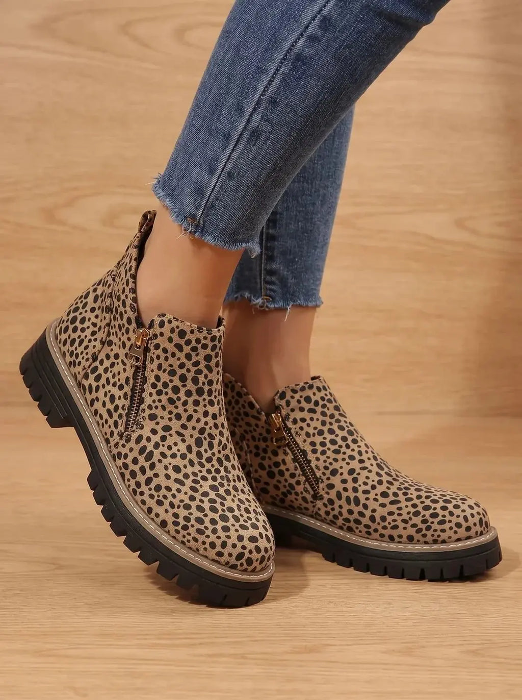 Leopard Print Women's Orthopedic Ankle Boots with Cushioned Insole & Side Zipper - Walking Side View