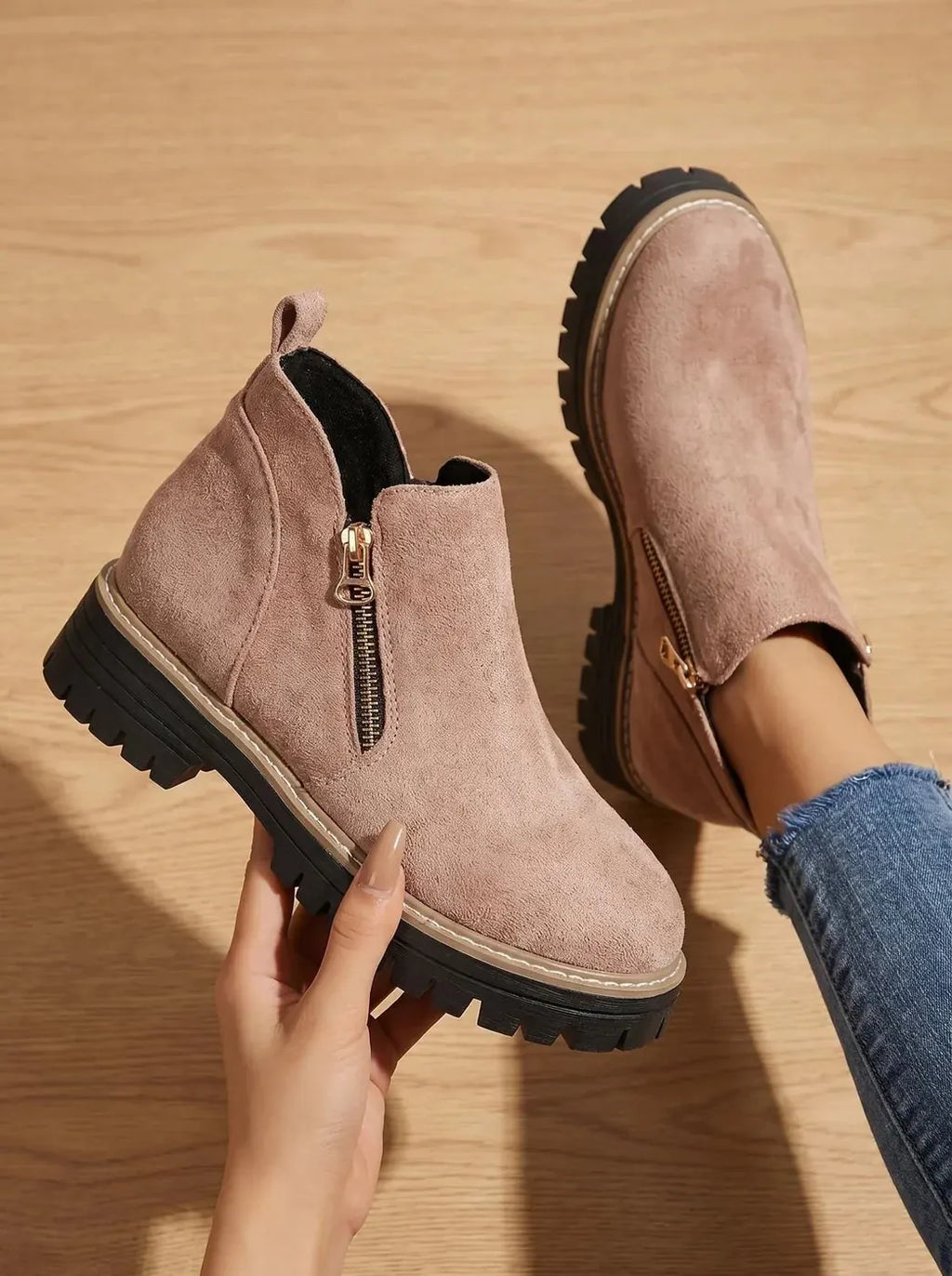Pink Women's Orthopedic Ankle Boots with Cushioned Insole & Side Zipper - Hand Held Top View