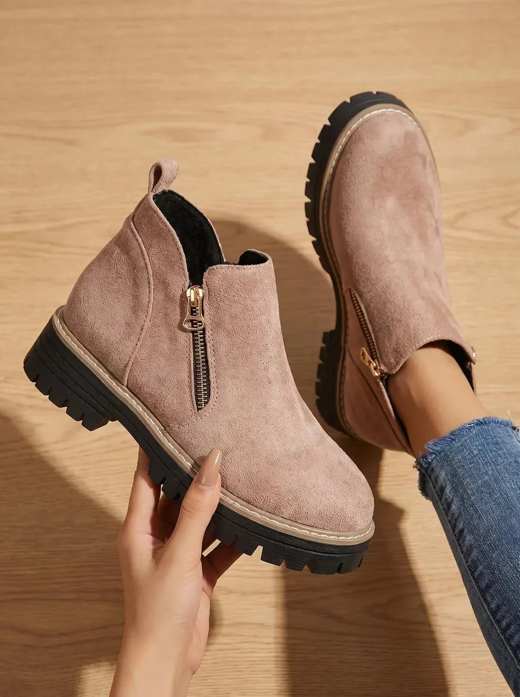 Pink Women's Orthopedic Ankle Boots with Cushioned Insole & Side Zipper - Hand Held Top View