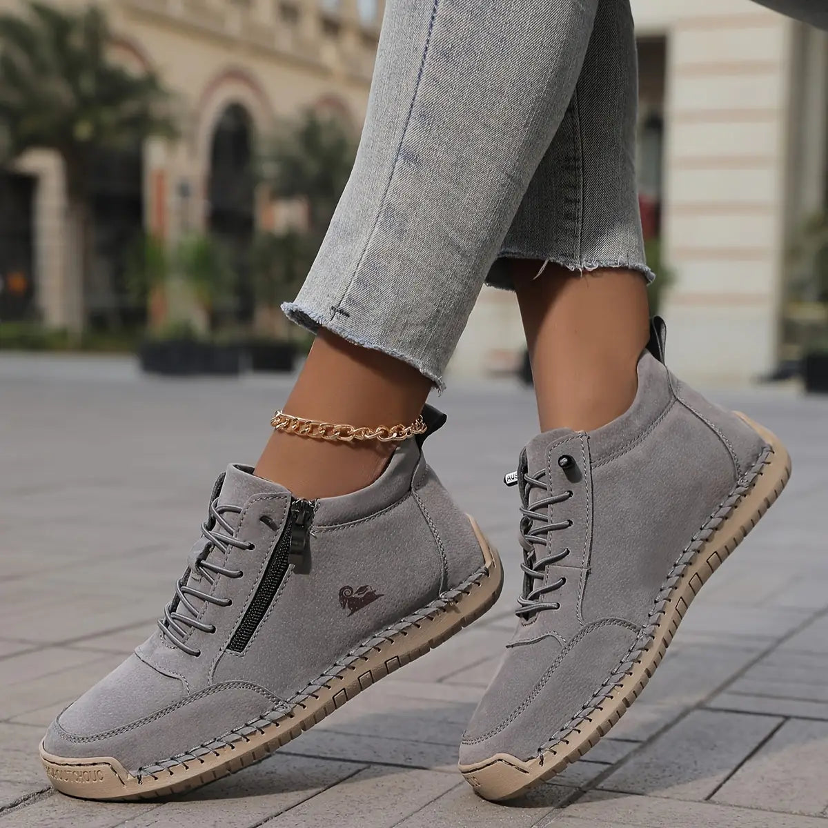 Gray Women's Orthopedic Comfort Shoes with Wide Toe Box & Non-Slip Sole - Outdoor Pose