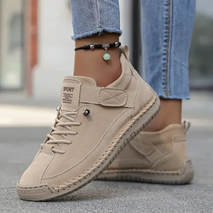 Beige Women's Orthopedic Leather Sneakers with Lace-Up & Velcro Strap - Outdoor Pose