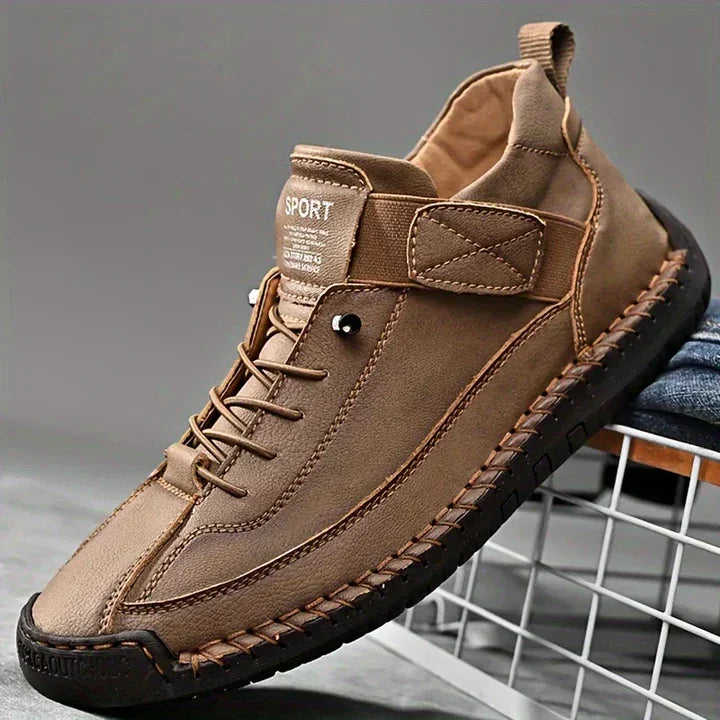 Women's Orthopedic Leather Sneakers with Lace-Up & Velcro Strap - Product Angle Shot Grey Bg
