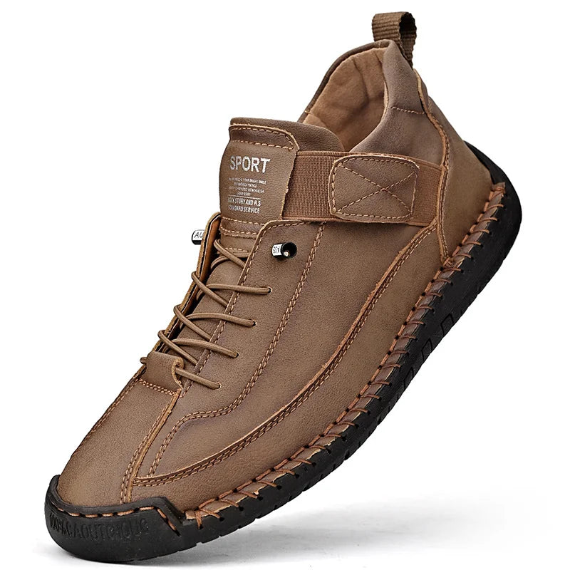 Brown Women's Orthopedic Leather Sneakers with Lace-Up & Velcro Strap - Product Angle Shot White Bg
