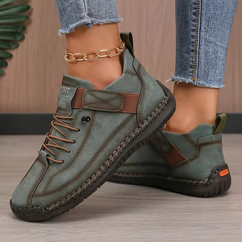 Green Women's Orthopedic Leather Sneakers with Lace-Up & Velcro Strap - Crossed Ankle Pose