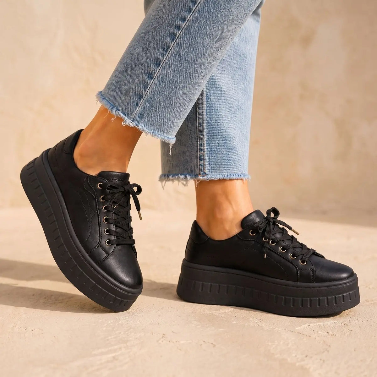 Black Women's Orthopedic Platform Sneakers with Arch-Support Lace-Up Closure & Cushioned Footbed - Side Step Pose