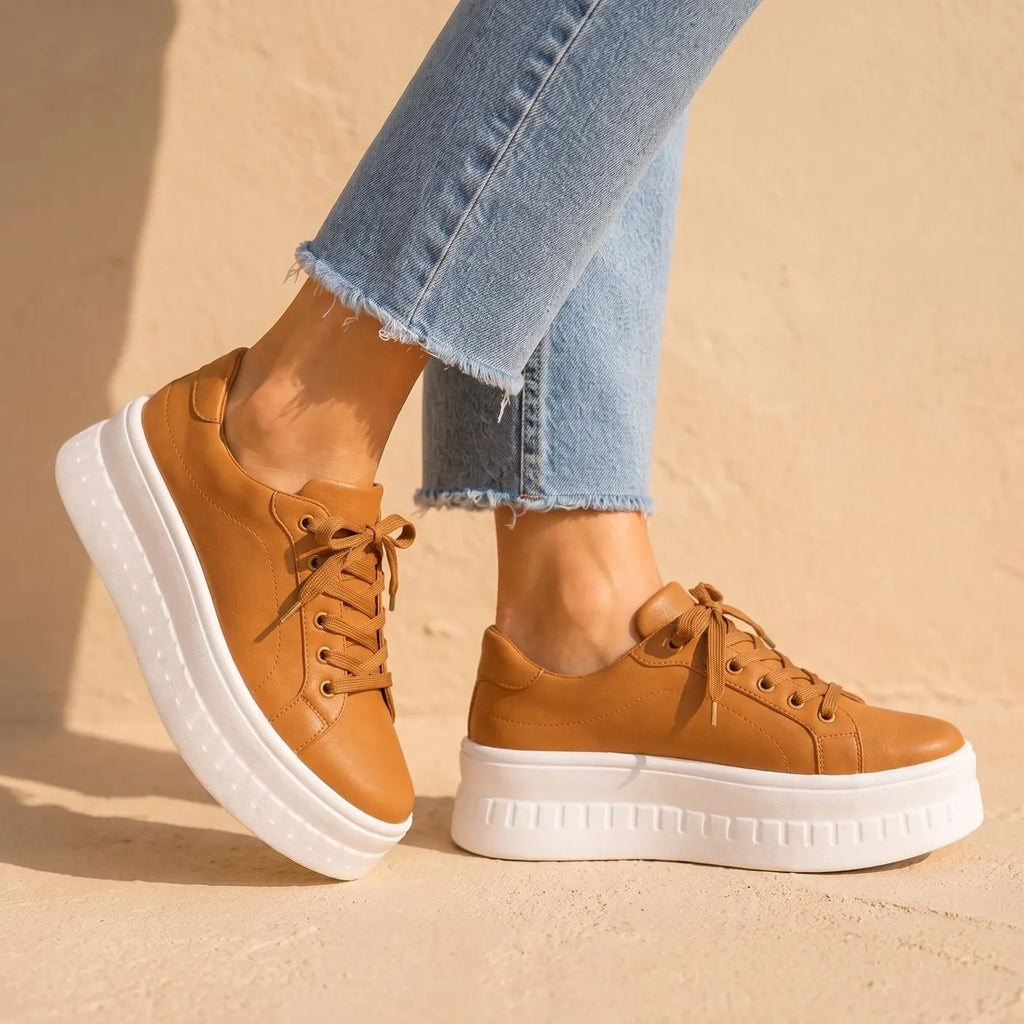 Brown Women's Orthopedic Platform Sneakers with Arch-Support Lace-Up Closure & Cushioned Footbed - Angled Walking Pose