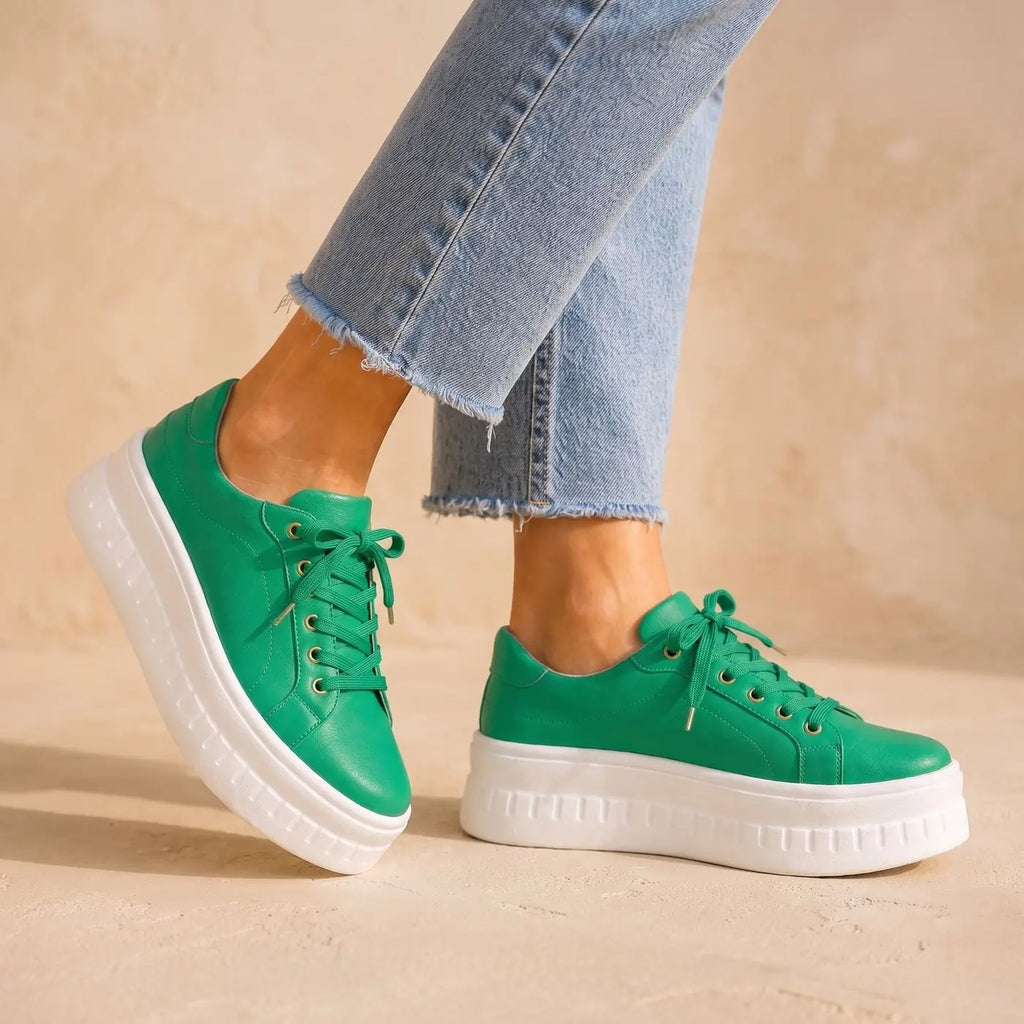 Green Women's Orthopedic Platform Sneakers with Arch-Support Lace-Up Closure & Cushioned Footbed — Issy - Forward Lean Pose