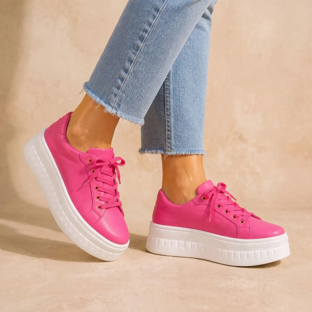 Pink Women's Orthopedic Platform Sneakers with Arch-Support Lace-Up Closure & Cushioned Footbed - Tiptoe Side Pose