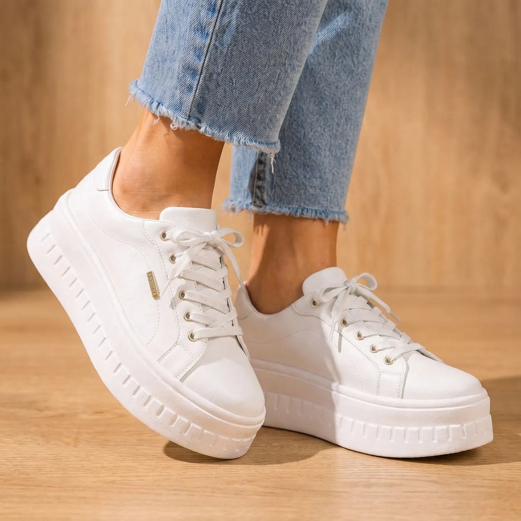 White Women's Orthopedic Platform Sneakers with Arch-Support Lace-Up Closure & Cushioned Footbed — Issy - Walking Toe Detail