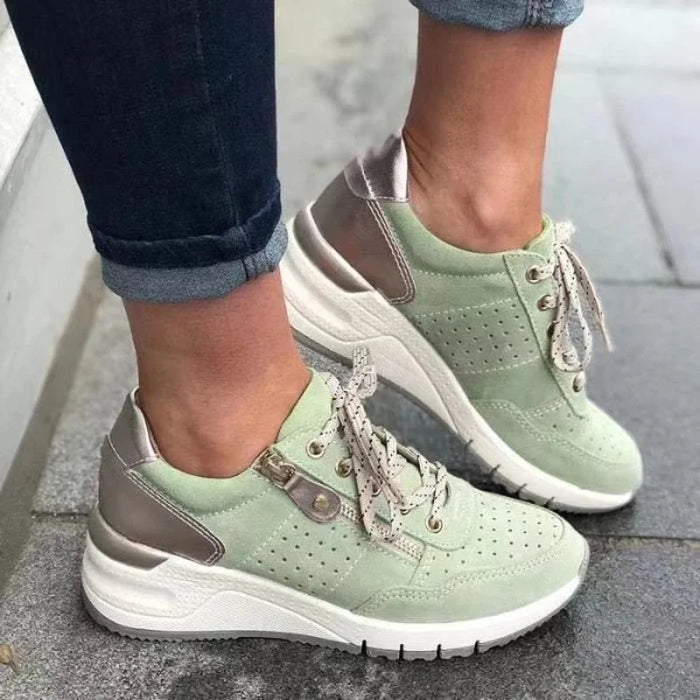 Green Women's Orthopedic Walking Shoes with Lace-Up Zip Detail — Zara - Outdoor Side Pose