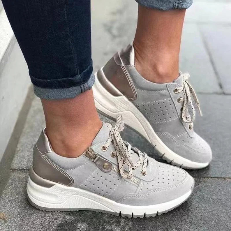Grey Women's Orthopedic Walking Shoes with Lace-Up Zip Detail — Zara - Outdoor Front Pose